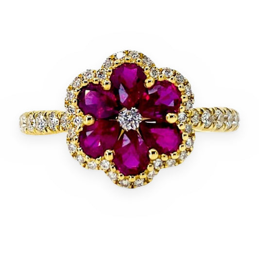 18K yellow gold ruby flower cluster ring with diamond halo and pave band