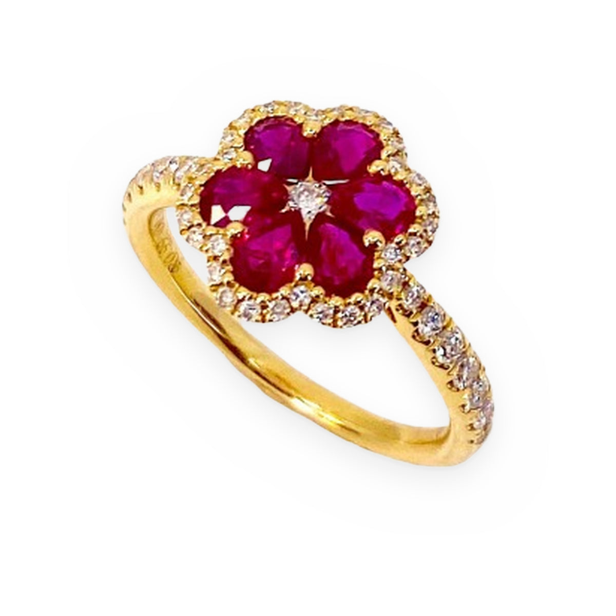 18K yellow gold ruby flower cluster ring, angled view with diamond band