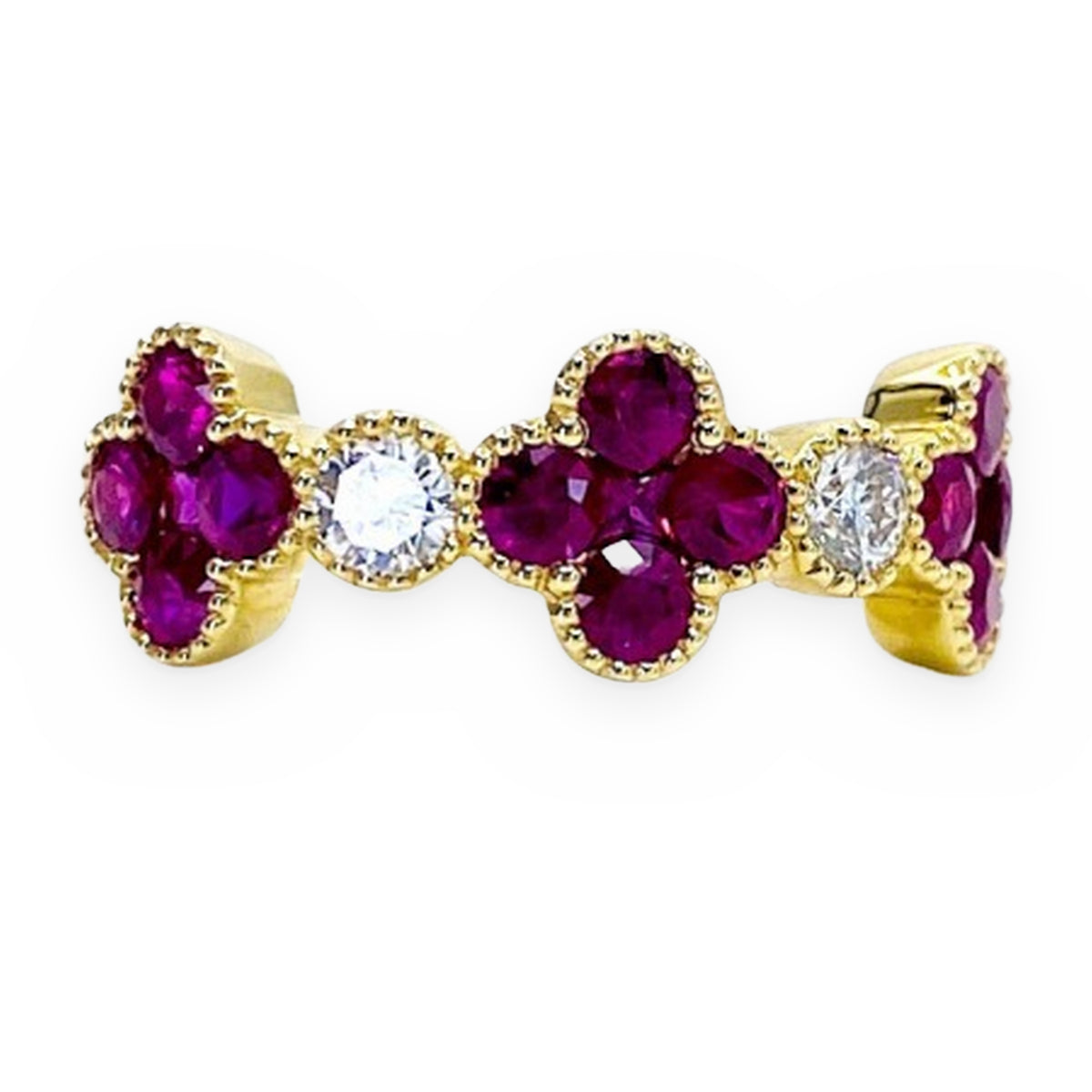 18K yellow gold ruby and diamond clover cluster band ring