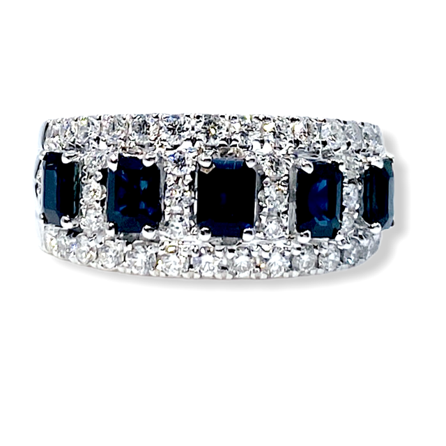 18K white gold blue sapphire and diamond wide band ring
