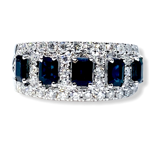 18K white gold blue sapphire and diamond wide band ring
