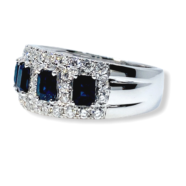 18K white gold sapphire and diamond wide band ring, angled view