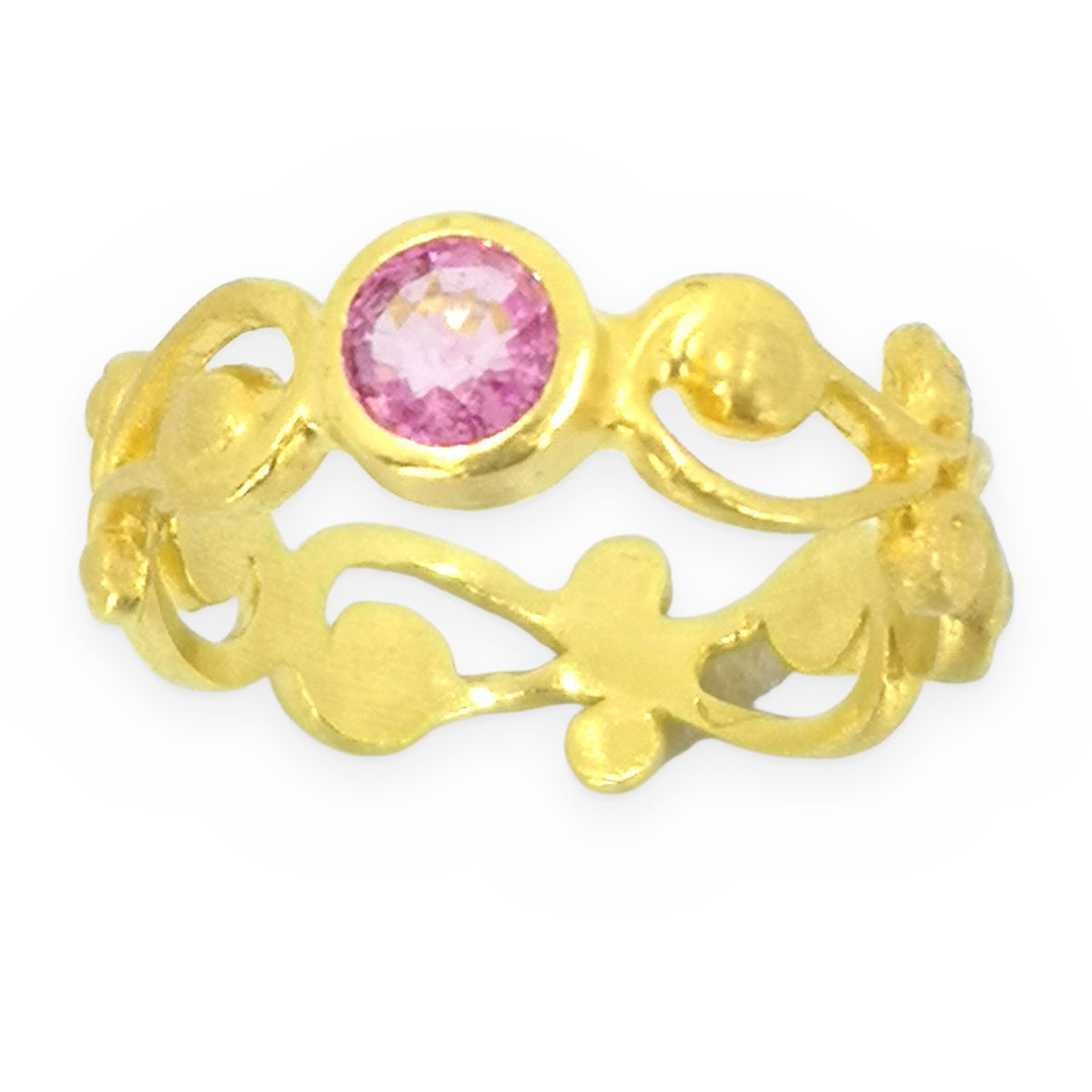 Brushed yellow gold pink sapphire bezel ring with scrollwork band