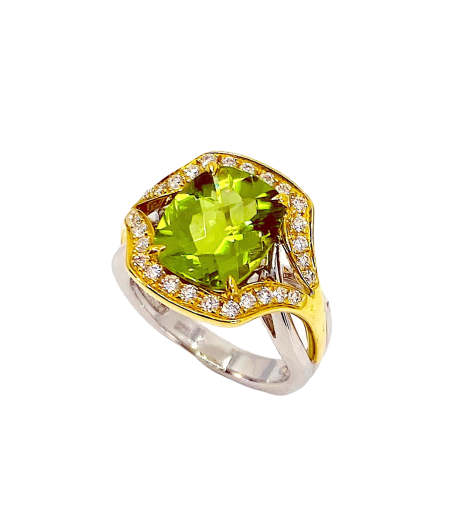 Two-tone gold cushion peridot diamond halo ring, three-quarter view