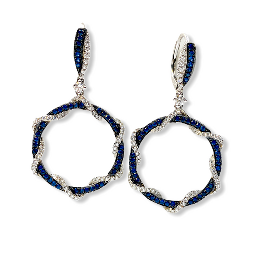 White gold blue sapphire and diamond open hexagon drop earrings
