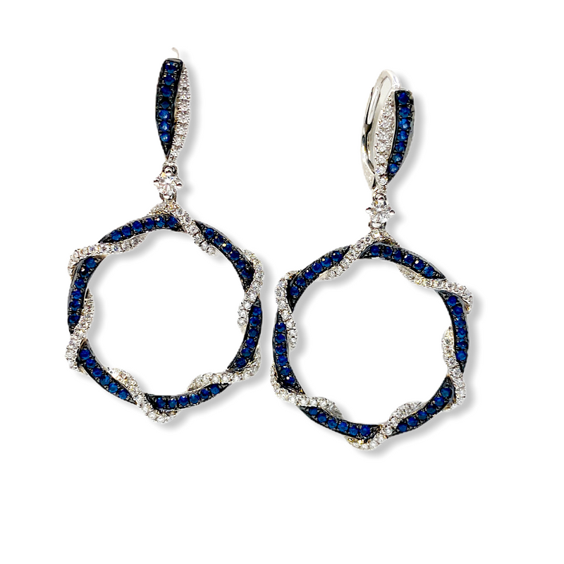 White gold blue sapphire and diamond open hexagon drop earrings