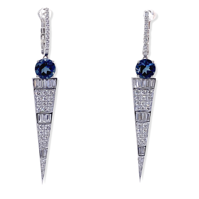 White gold blue topaz and diamond triangular dagger drop earrings