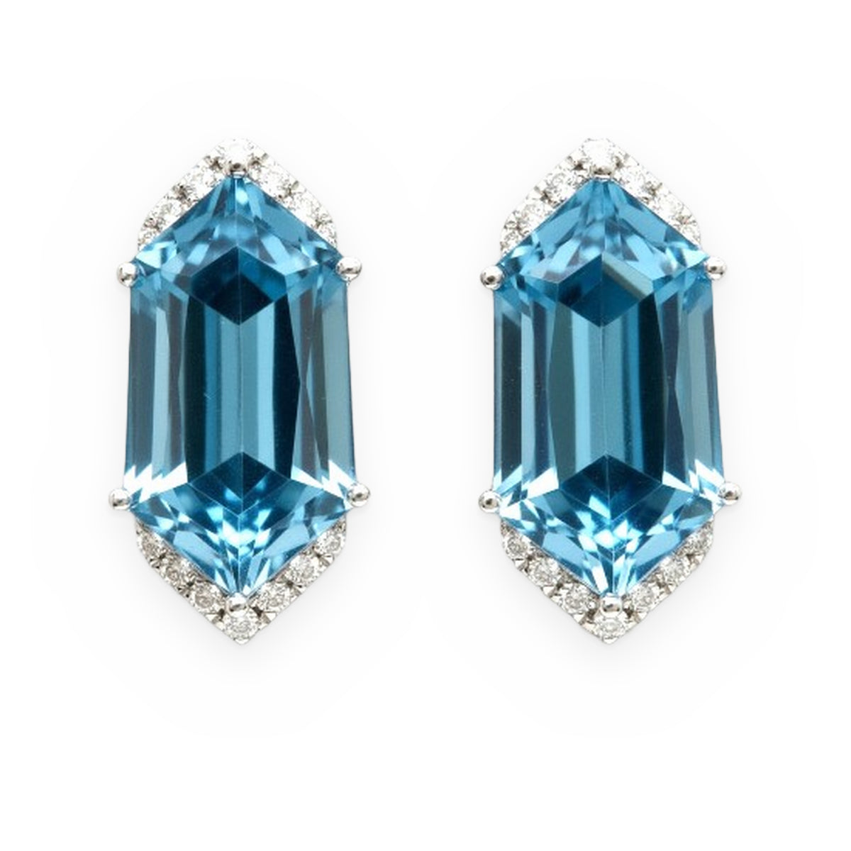 White gold hexagonal blue topaz stud earrings with diamond accents
