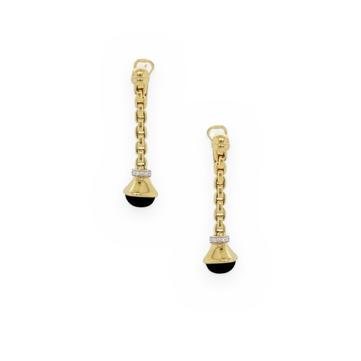 Yellow gold link drop earrings with black onyx caps and diamond collars, angled