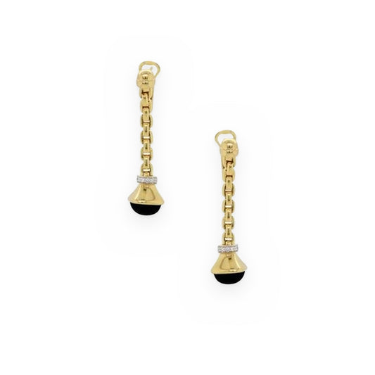 Yellow gold link drop earrings with black onyx caps and diamond accents