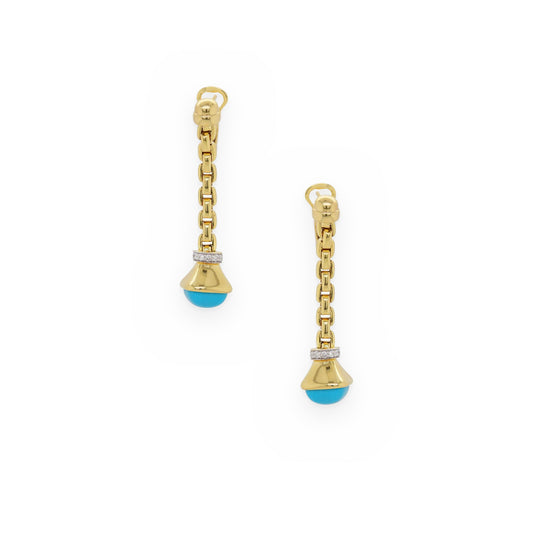 Yellow gold chain drop earrings with turquoise caps and diamond collars