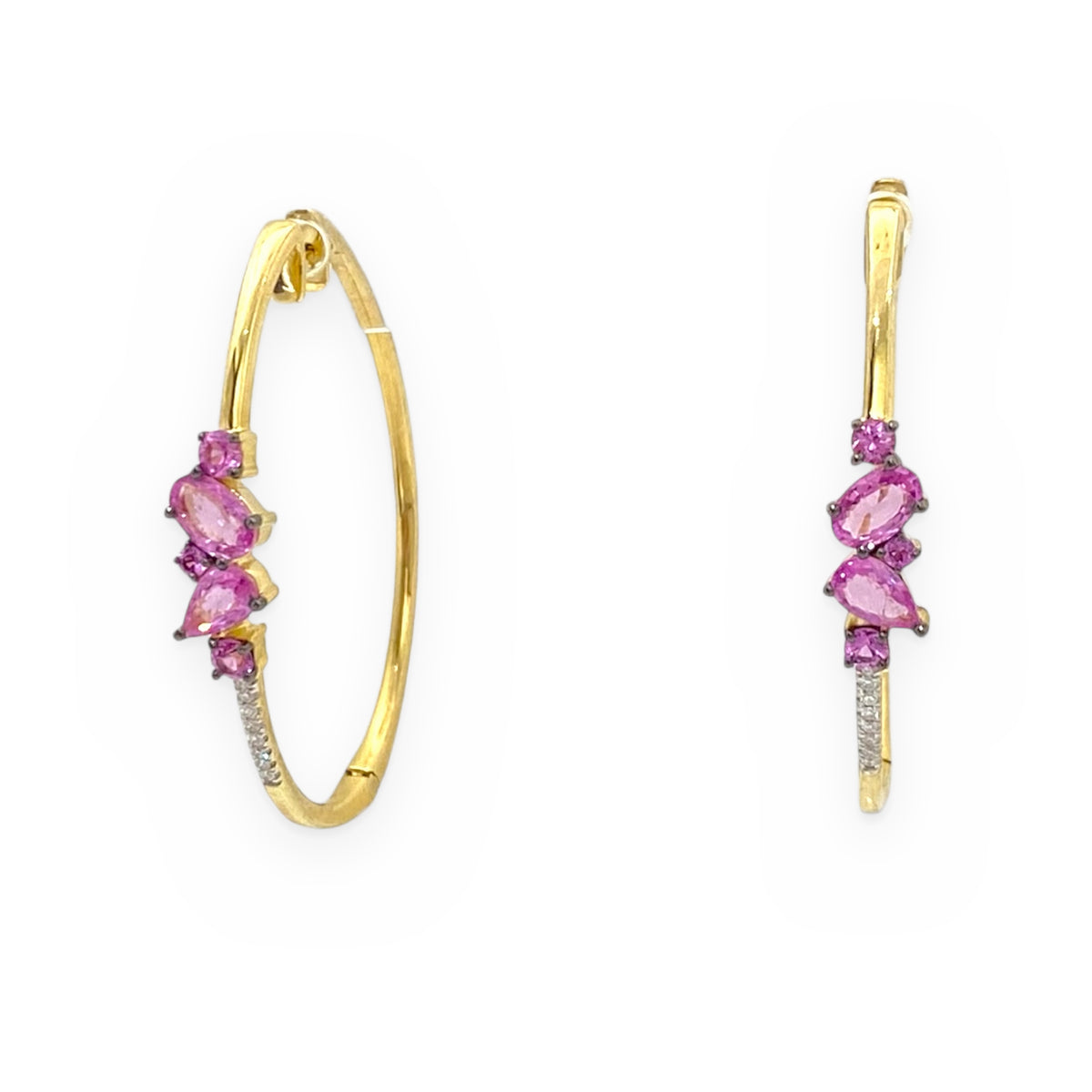 Yellow gold hoop earrings with cluster of pink sapphires and diamonds