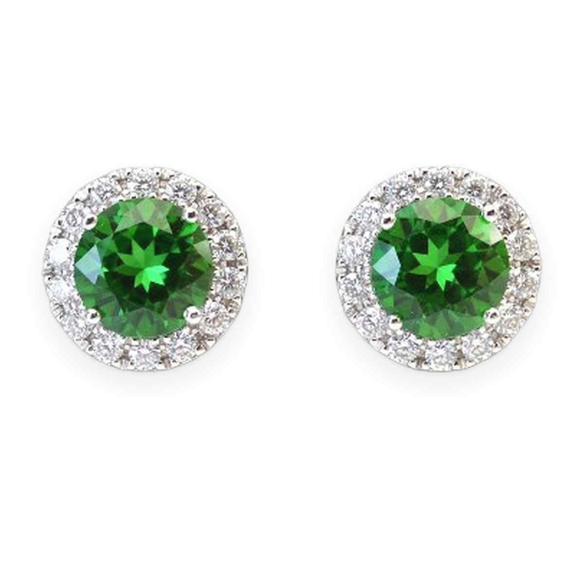White gold round green tourmaline stud earrings with diamond halos