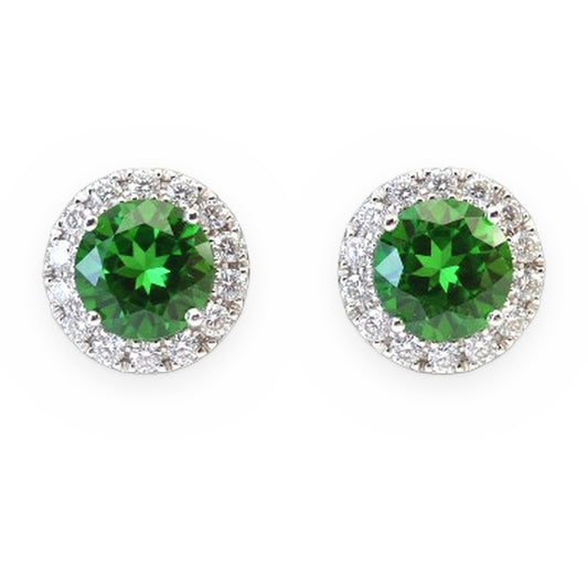 White gold round green tourmaline stud earrings with diamond halos