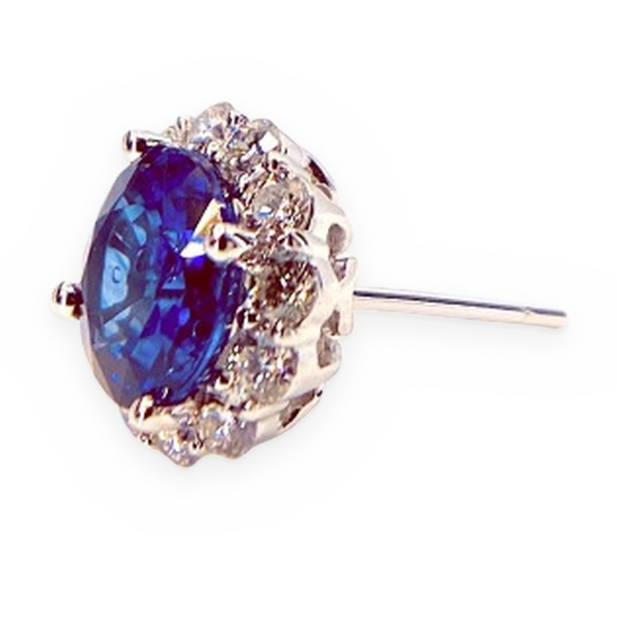 White gold round blue sapphire diamond halo stud, single earring side view