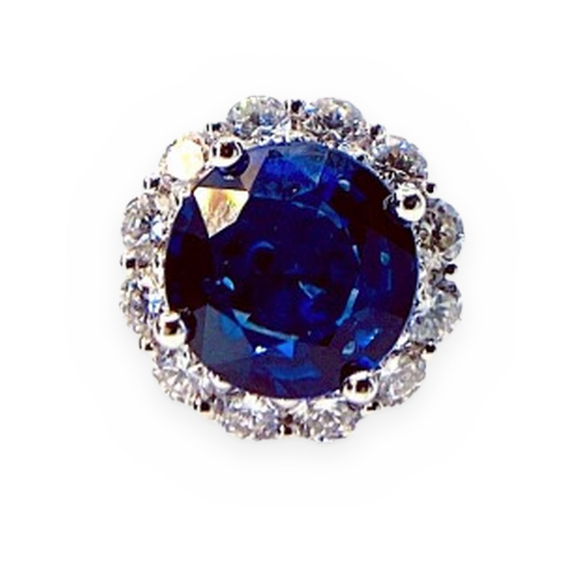 White gold round blue sapphire diamond halo stud, single earring front view