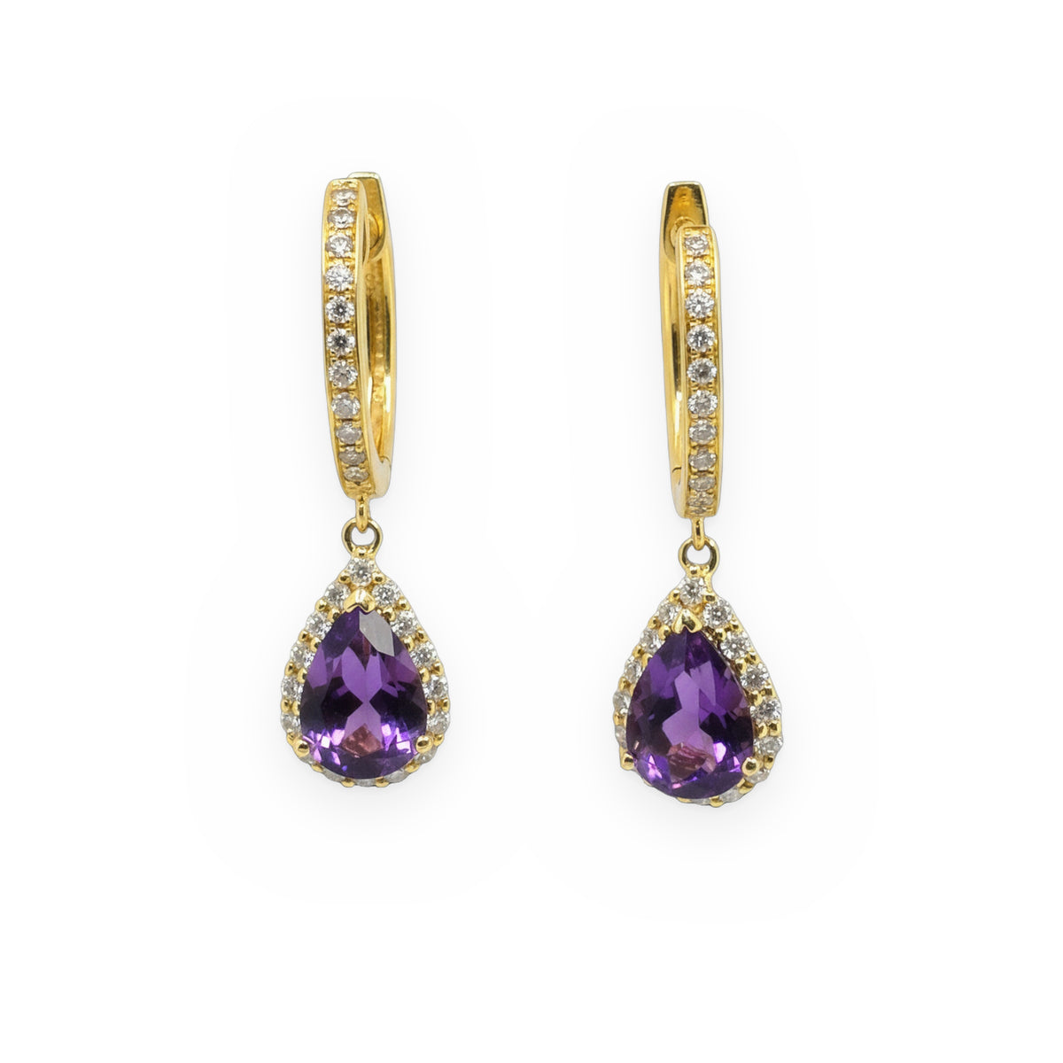 Yellow gold pear amethyst drop earrings with diamond halos and diamond huggie tops
