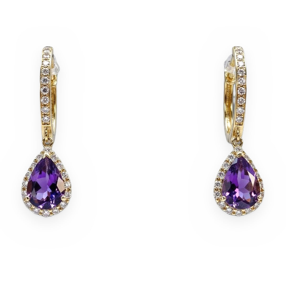 Yellow gold pear amethyst diamond halo drop earrings, angled view