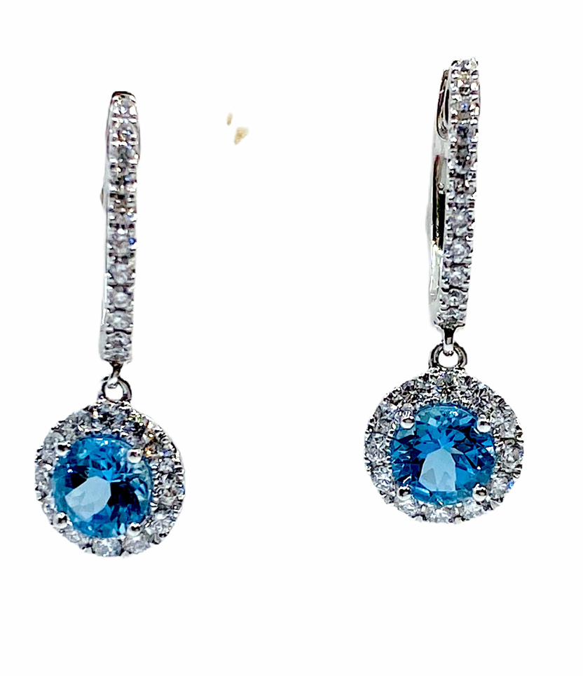 White gold round blue topaz drop earrings with diamond halos on diamond hoops