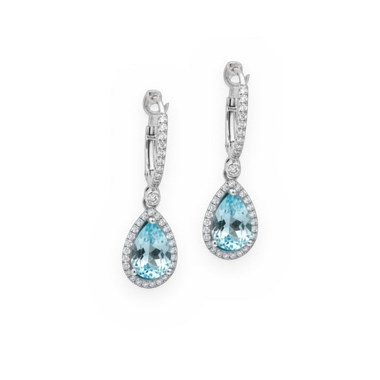 White gold pear aquamarine drop earrings with diamond halos