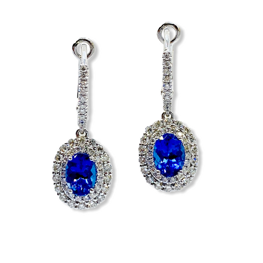 White gold oval tanzanite drop earrings with double diamond halos