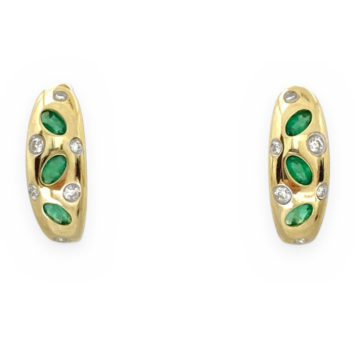 Yellow gold emerald and diamond huggie hoop earrings, front-on pair