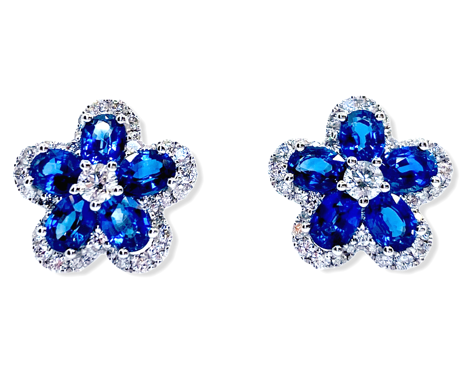 White gold blue sapphire and diamond flower cluster stud earrings