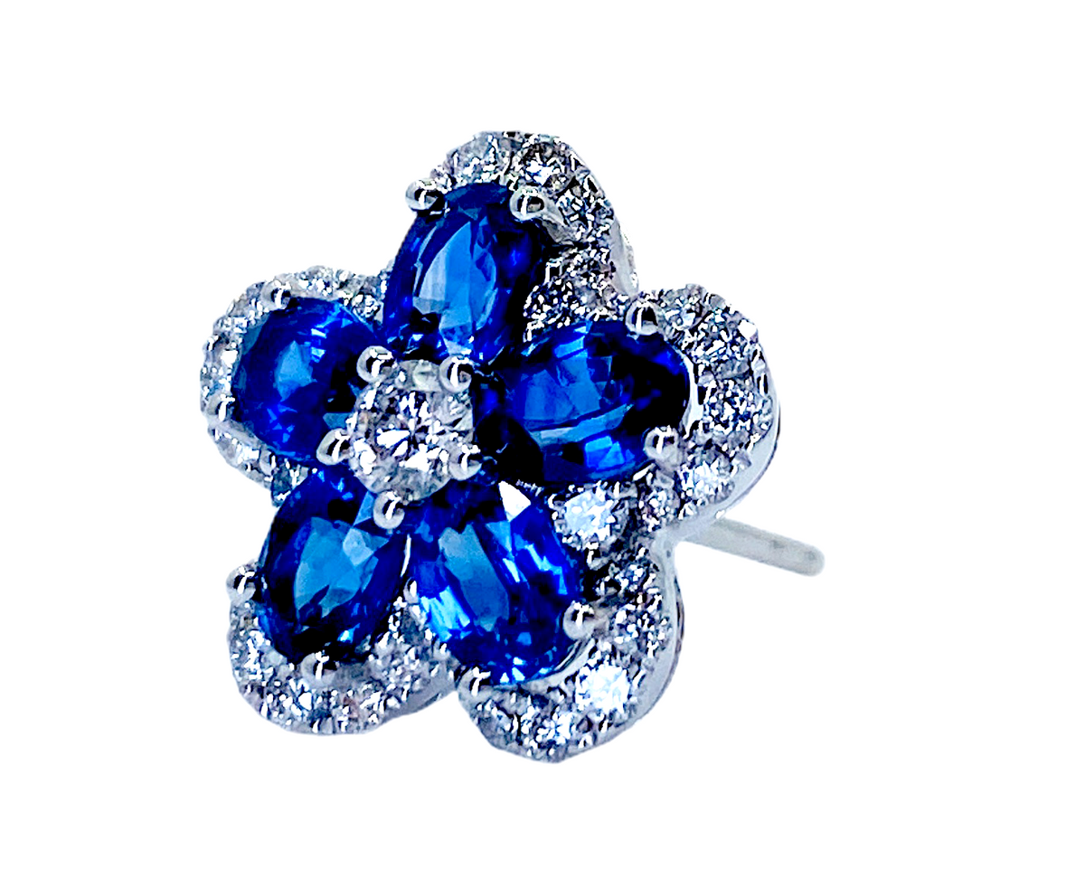 White gold sapphire and diamond flower cluster stud, single earring angled