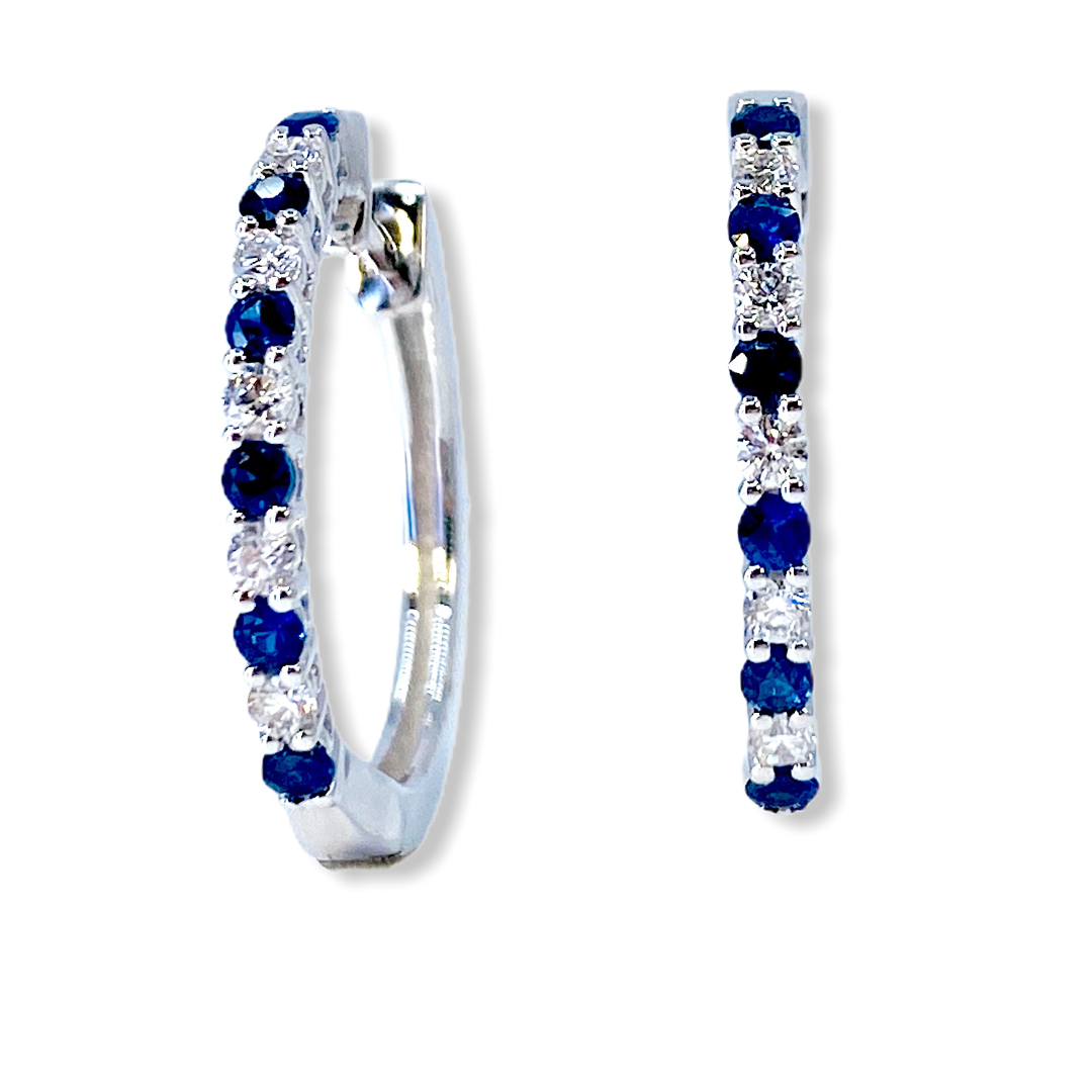White gold blue sapphire and diamond alternating huggie hoop earrings