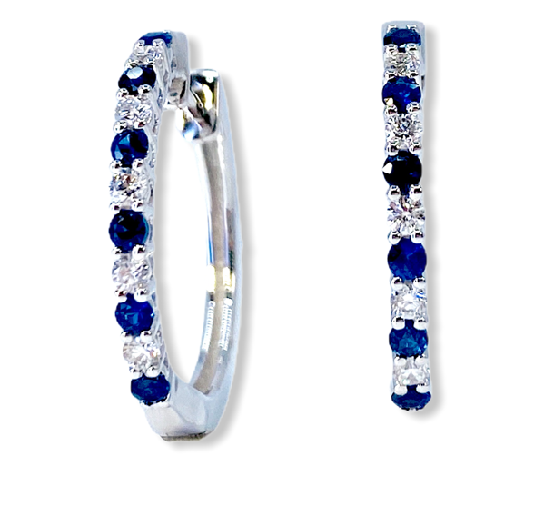 White gold sapphire and diamond huggie hoops, front and profile view