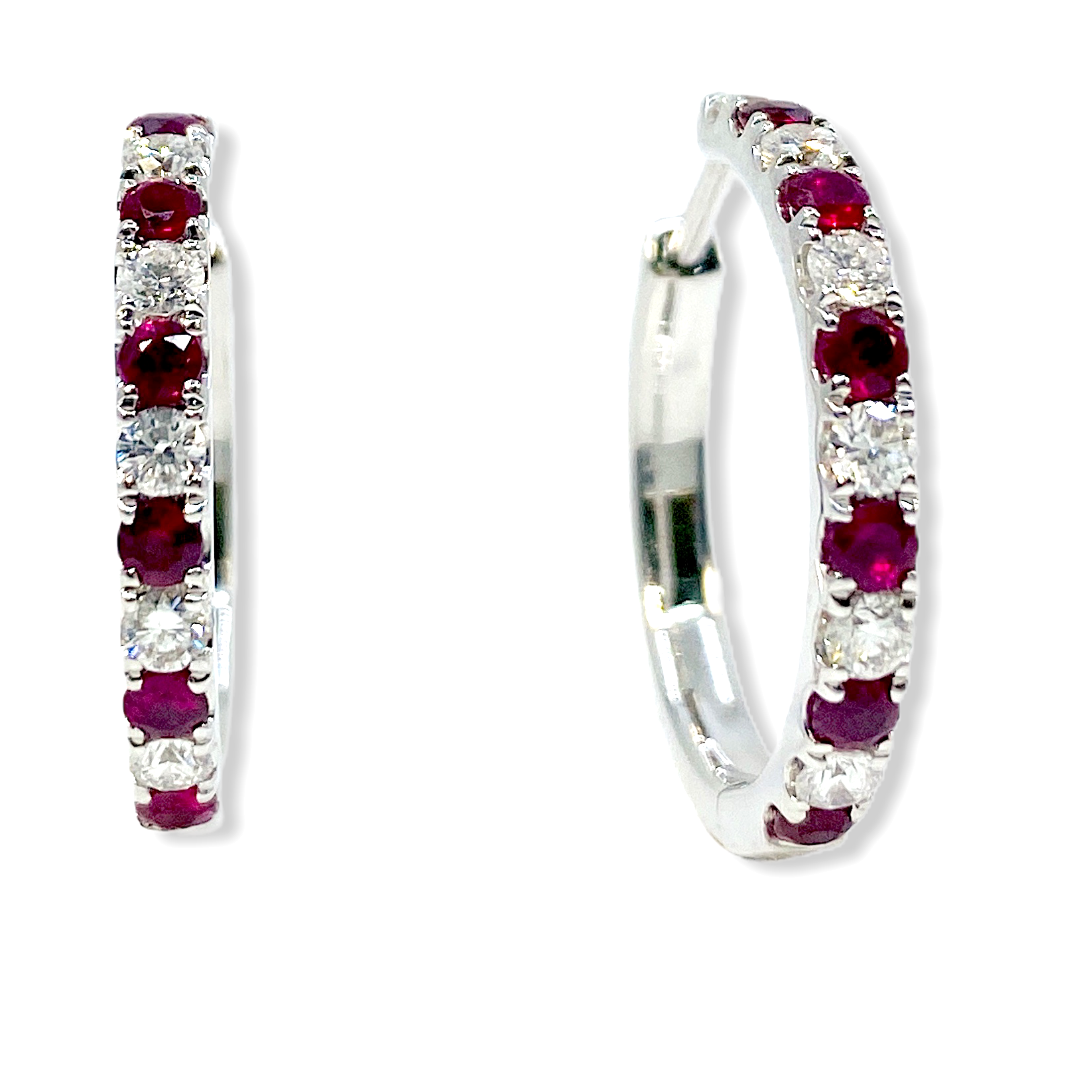 White gold ruby and diamond alternating hoop earrings