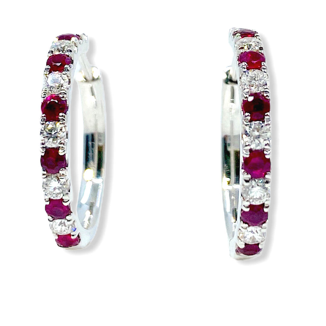 White gold ruby and diamond alternating hoop earrings, angled view