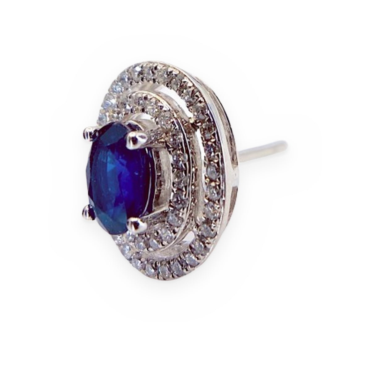 White gold oval sapphire double-halo stud, single earring side view