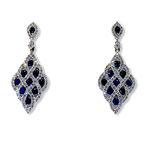 White gold blue sapphire and diamond lattice chandelier drop earrings