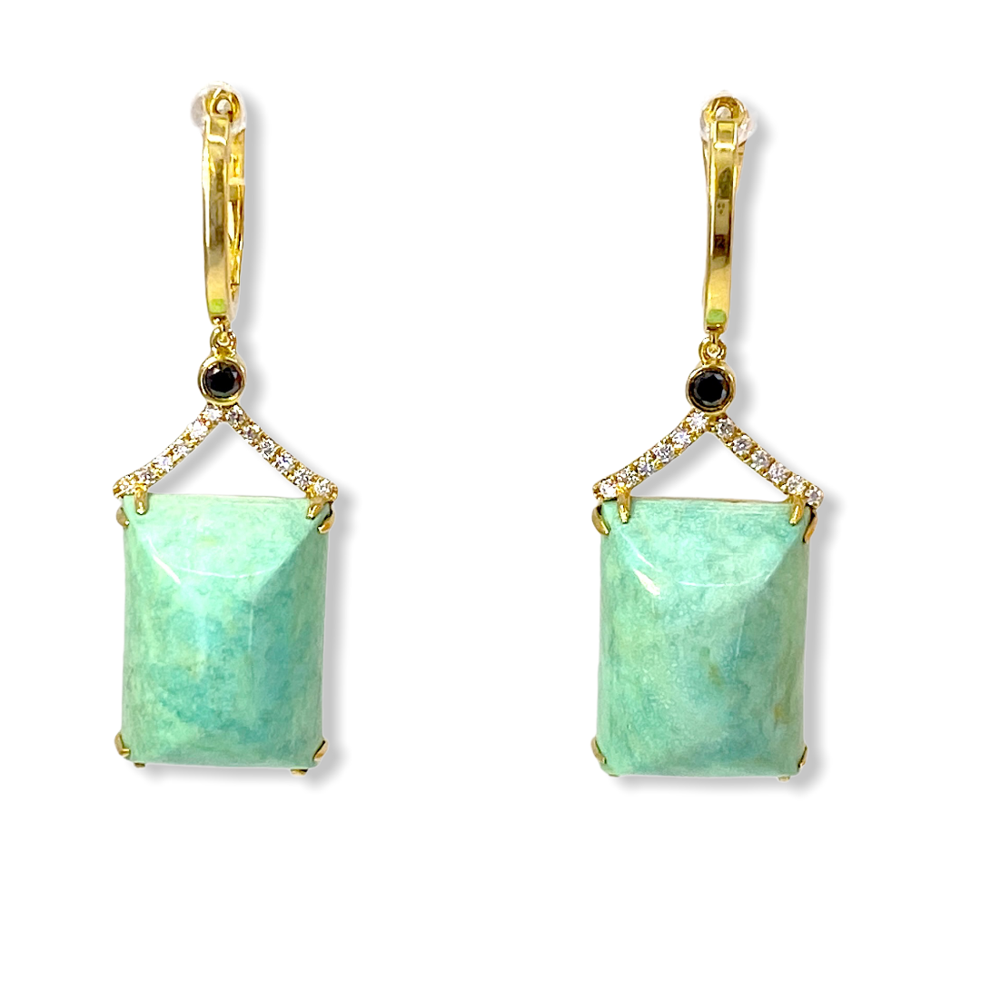 Yellow gold emerald-cut amazonite drop earrings with black and white diamond accents