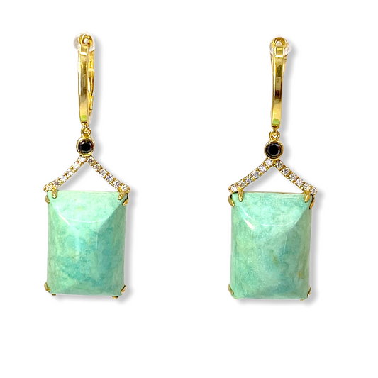 Yellow gold emerald-cut amazonite drop earrings with black and white diamond accents