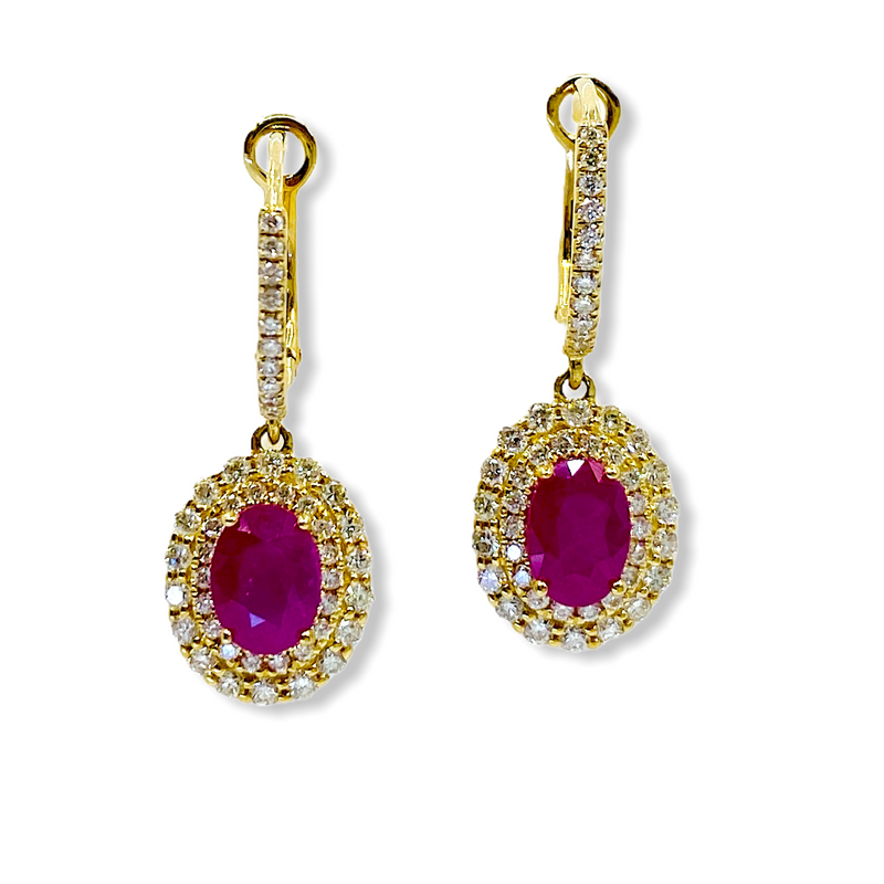 Yellow gold oval ruby drop earrings with double diamond halos