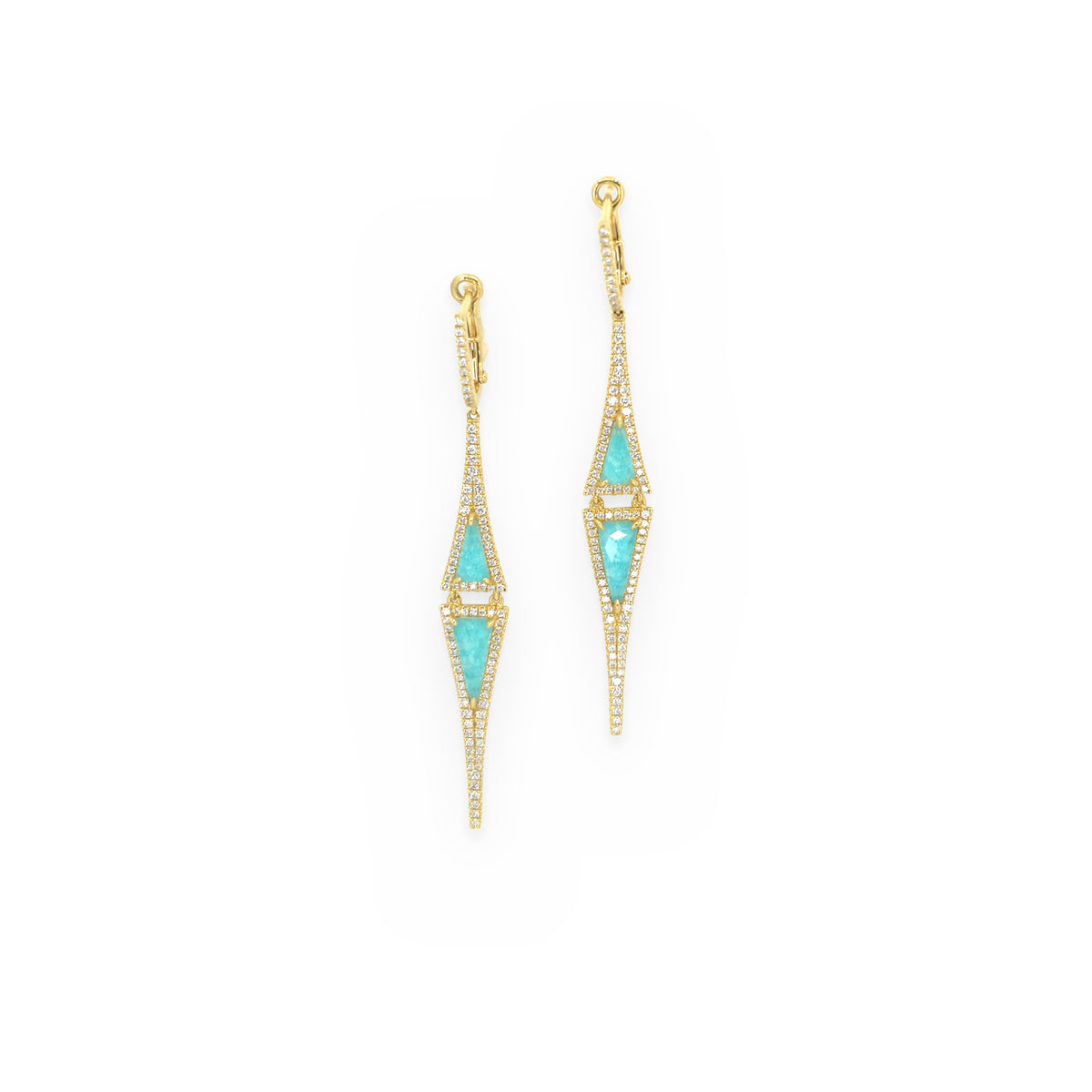 Yellow gold amazonite and diamond geometric kite drop earrings