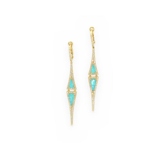 Yellow gold amazonite and diamond geometric kite drop earrings