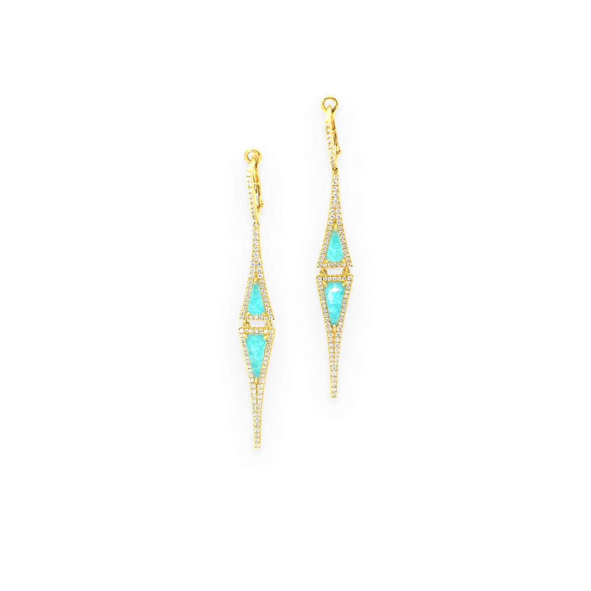 Yellow gold amazonite and diamond geometric kite drop earrings, alternate view
