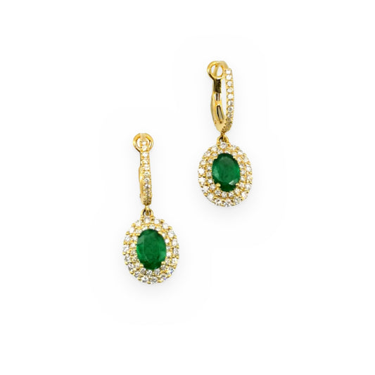 Yellow gold oval emerald drop earrings with double diamond halos