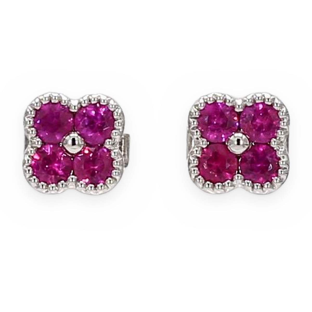White gold ruby quatrefoil cluster stud earrings with beaded frames
