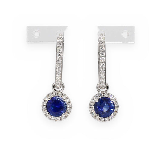 White gold round blue sapphire drop earrings with diamond halos on diamond hoops