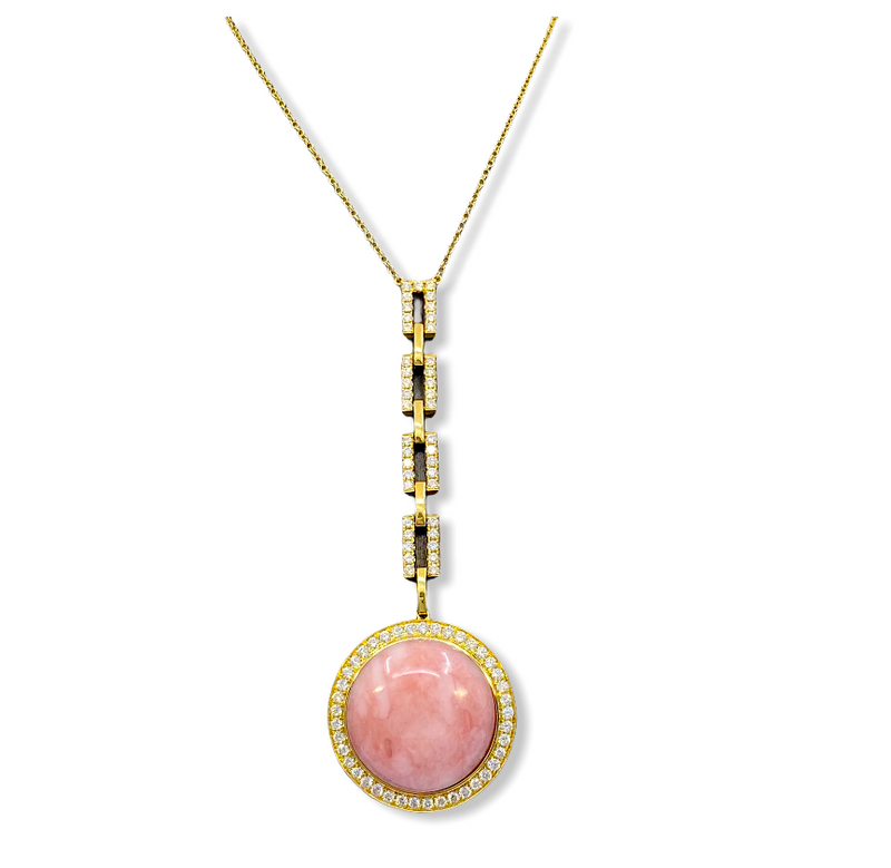 Yellow gold pink opal cabochon pendant necklace with diamond accents