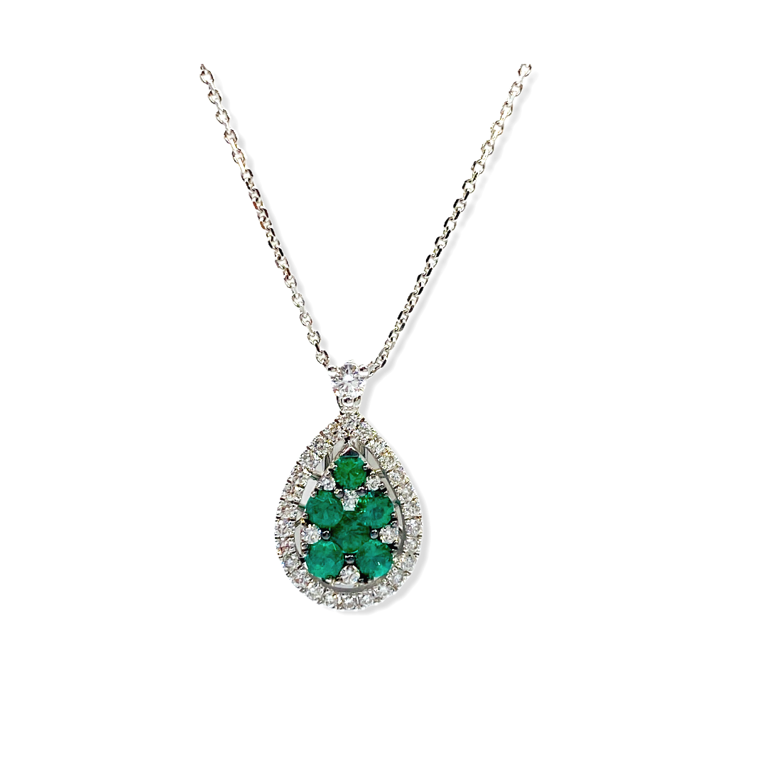 White gold emerald cluster teardrop pendant necklace with diamond halo