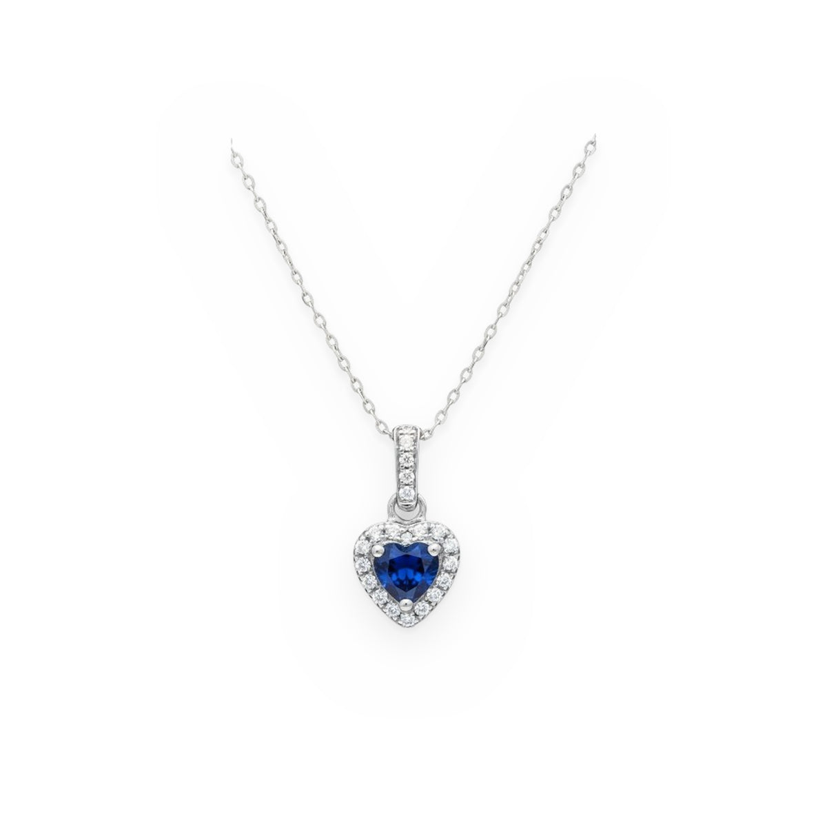 White gold heart-shaped blue sapphire pendant necklace with diamond halo