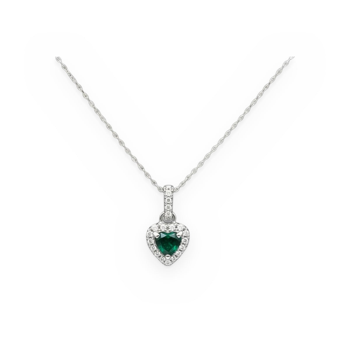White gold heart-shaped emerald pendant necklace with diamond halo