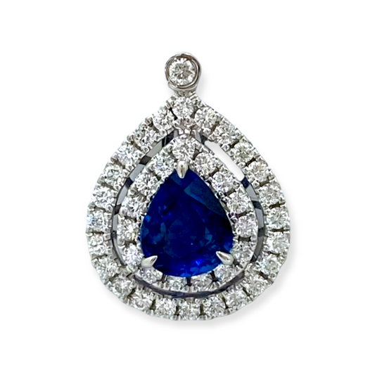 White gold pear blue sapphire pendant with double diamond halo