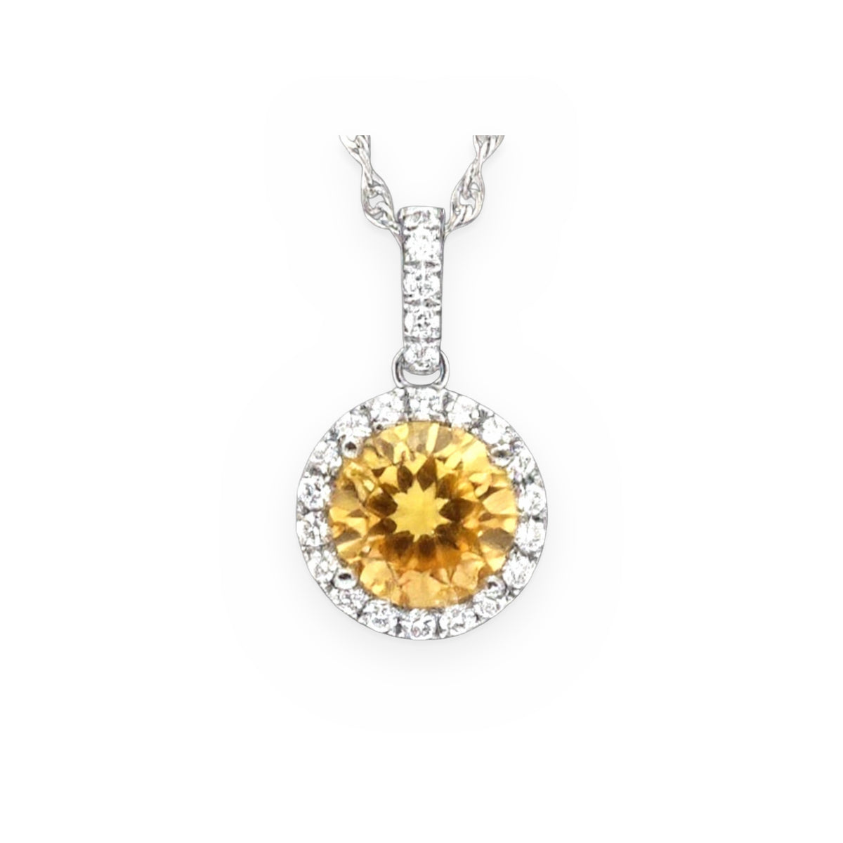 White gold round citrine and diamond halo pendant on a rope chain