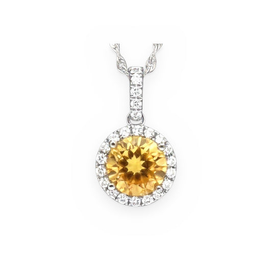 White gold round citrine and diamond halo pendant on a rope chain